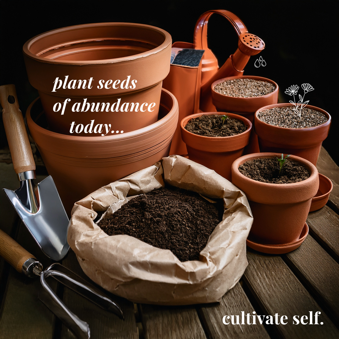 Clay pots, potting soil, plant starts and hand gardening tools