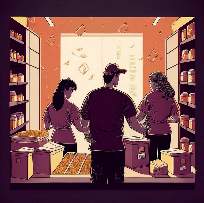 Three people stand together in a warmly lit pantry space surrounded by shelves of supplies and boxes, embodying collective action and compassion.