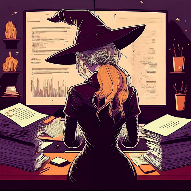 A modern witch wearing a pointed hat studies charts and data on a large monitor, surrounded by stacks of papers, symbolizing the fusion of intuition and strategy