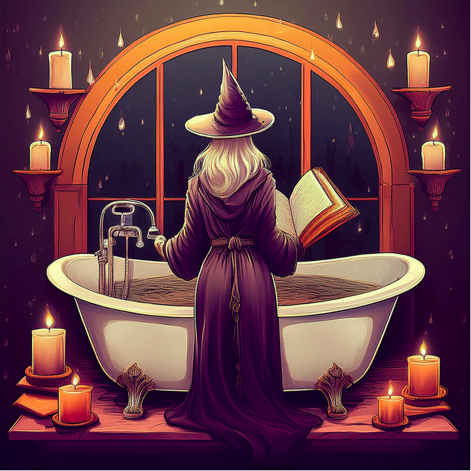 A witch in a flowing robe stands by a clawfoot tub surrounded by glowing candles, reading a book and practicing intentional self-care.