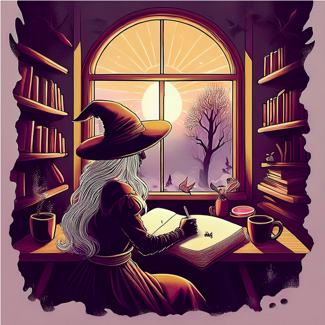 A witch writes in a journal at a desk framed by bookshelves and a window glowing with sunrise light, reflecting on intentions and practices.