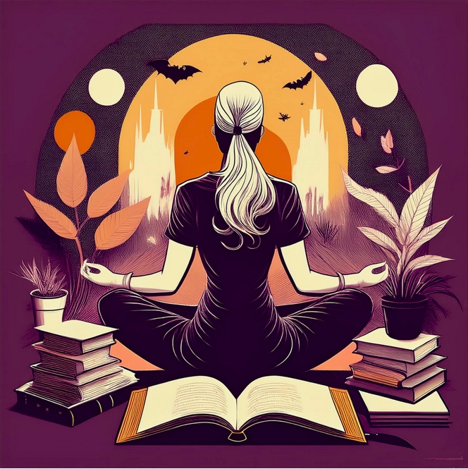 A seated figure meditates among open books and plants under a sky of moons and bats, grounding knowledge and intuition.