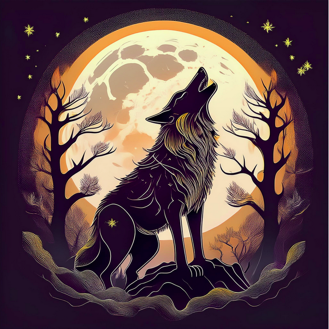 A lone wolf howls beneath a glowing full moon framed by leafless trees, invoking wild power and connection to nature.