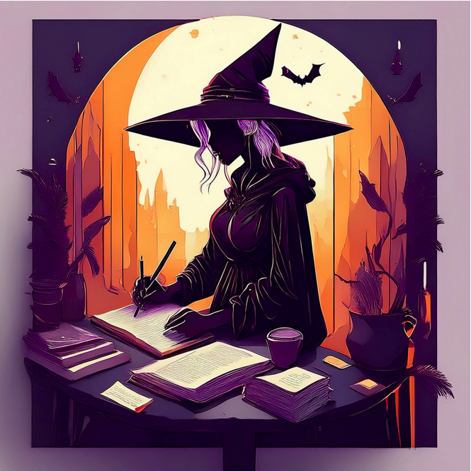 Illustration of witch at a desk writing in a book surrounded by papers