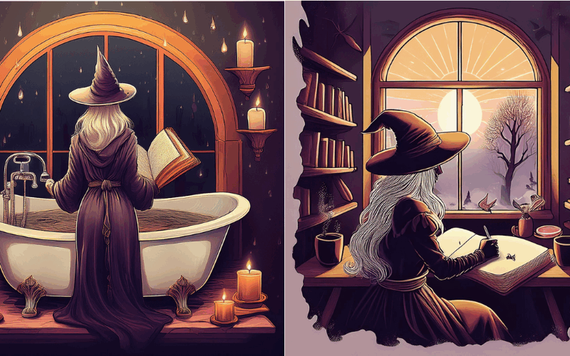 A four-panel illustration of a modern witch engaging in different activities related to focus, ritual, and creative work. Each panel shows a witch in a pointed hat, surrounded by candles and books. She is seen journaling under a full moon, reading in a candlelit bath, writing at a desk with a sunrise view, and working intently at a high-tech computer surrounded by magical tools. The imagery blends the mystical with the productive, symbolizing balance between intuition and action.