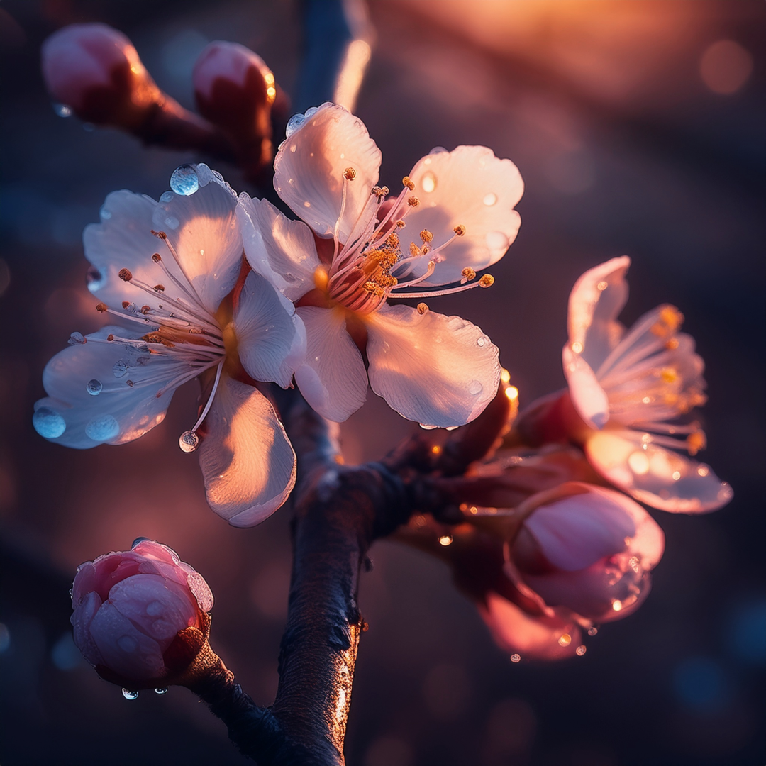 Cherry blossoms with morning dew