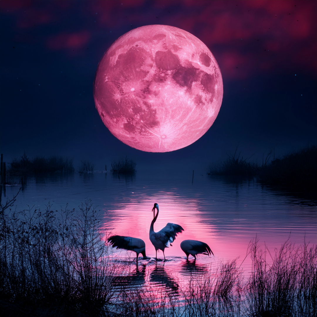 Full Pink Moon with Cranes in a pond