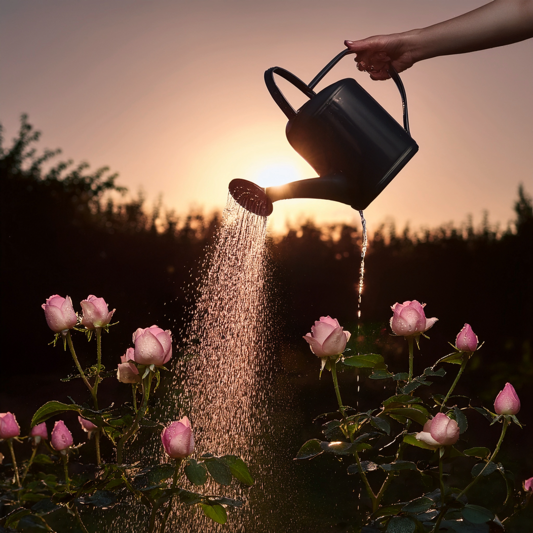 Hand-watering roses growing a little each day