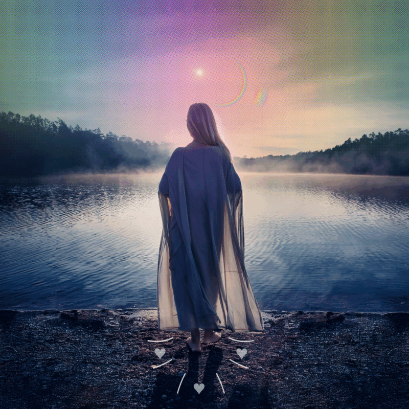 Woman gazing at dawn on the edge of a lake