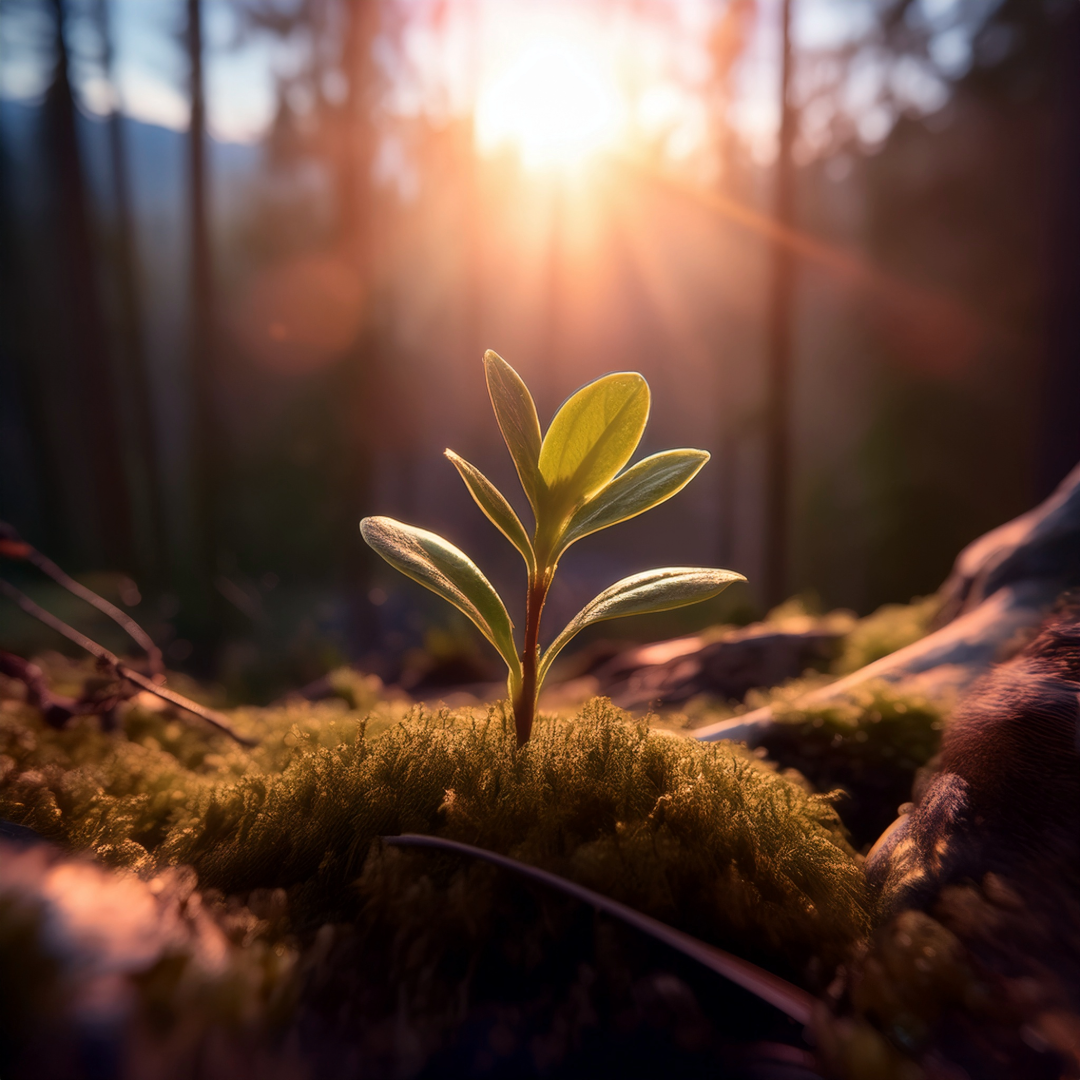 Small plant sprout growing in the forset at sunrise