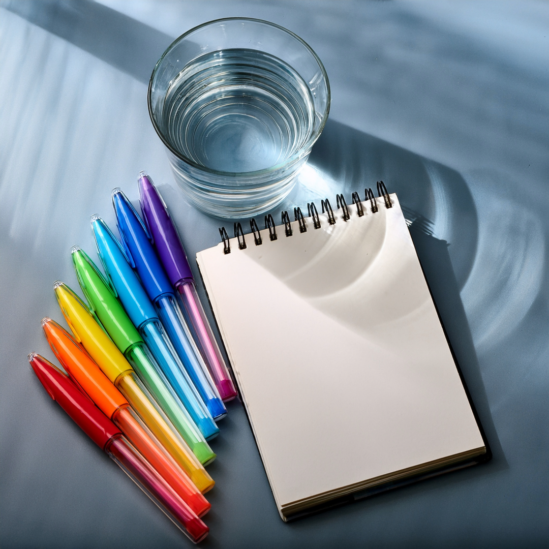 Rainbow pens notepad + water glass