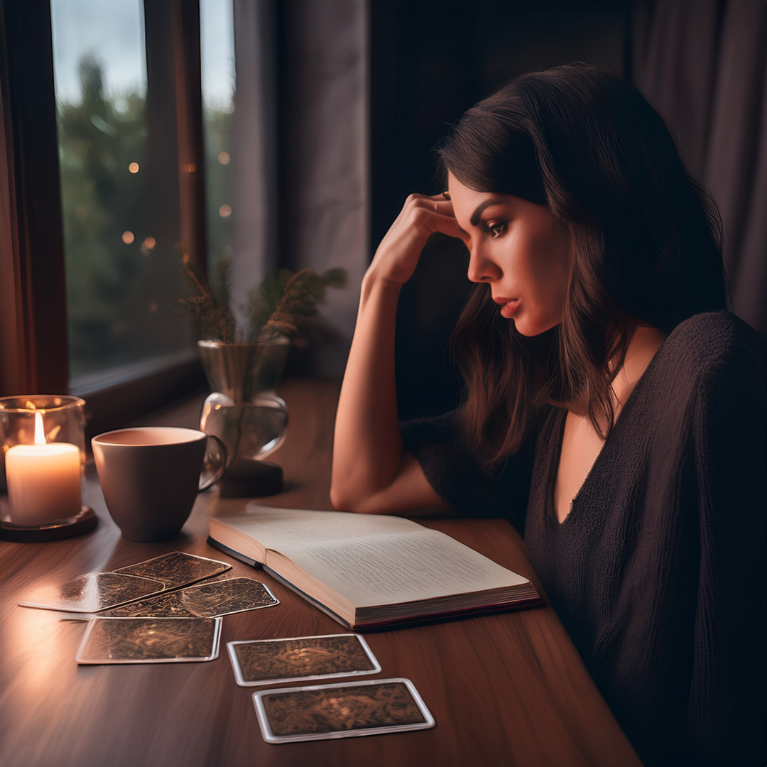 Woman reading tarot documenting and reflecting on cards through writing