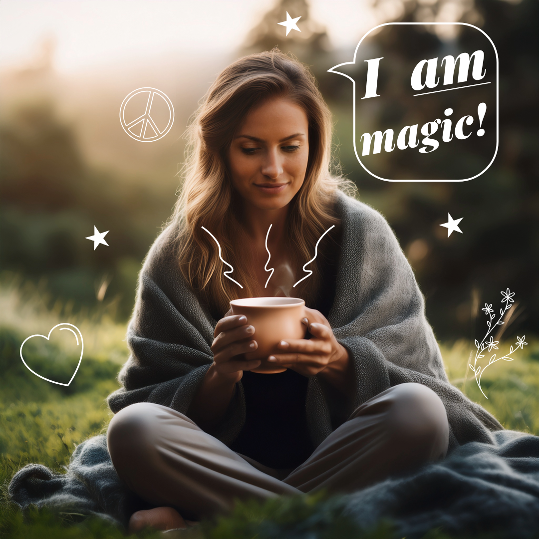 Woman sitting with herself outside with word bubble exclaiming "I am magic!"