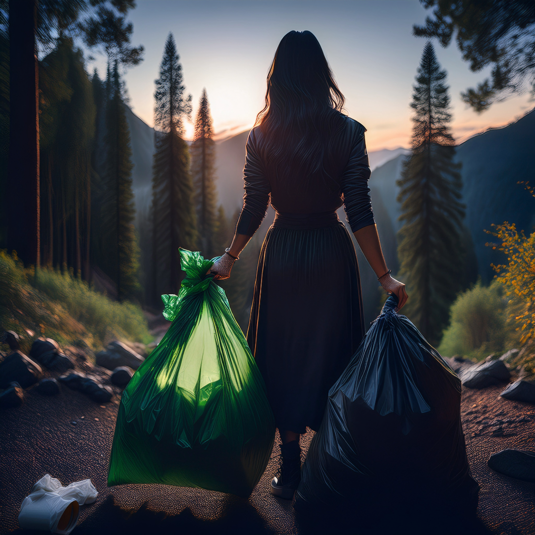 Woman standing holding bags of litter in the woods