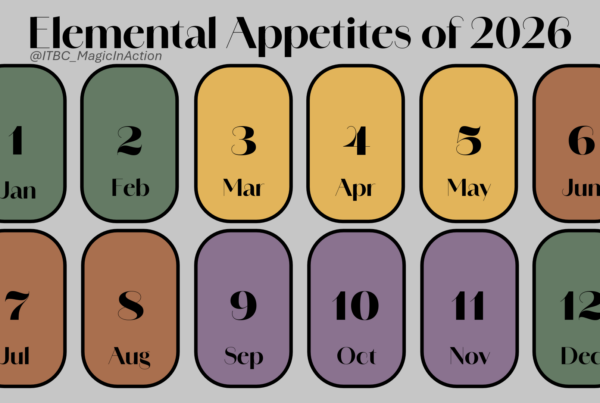 Elemental Appetites of 2026 Tarot Spread infographic with twelve multicolored boxes in two rows of six. Credits @ITBC_MagicInAction as the author