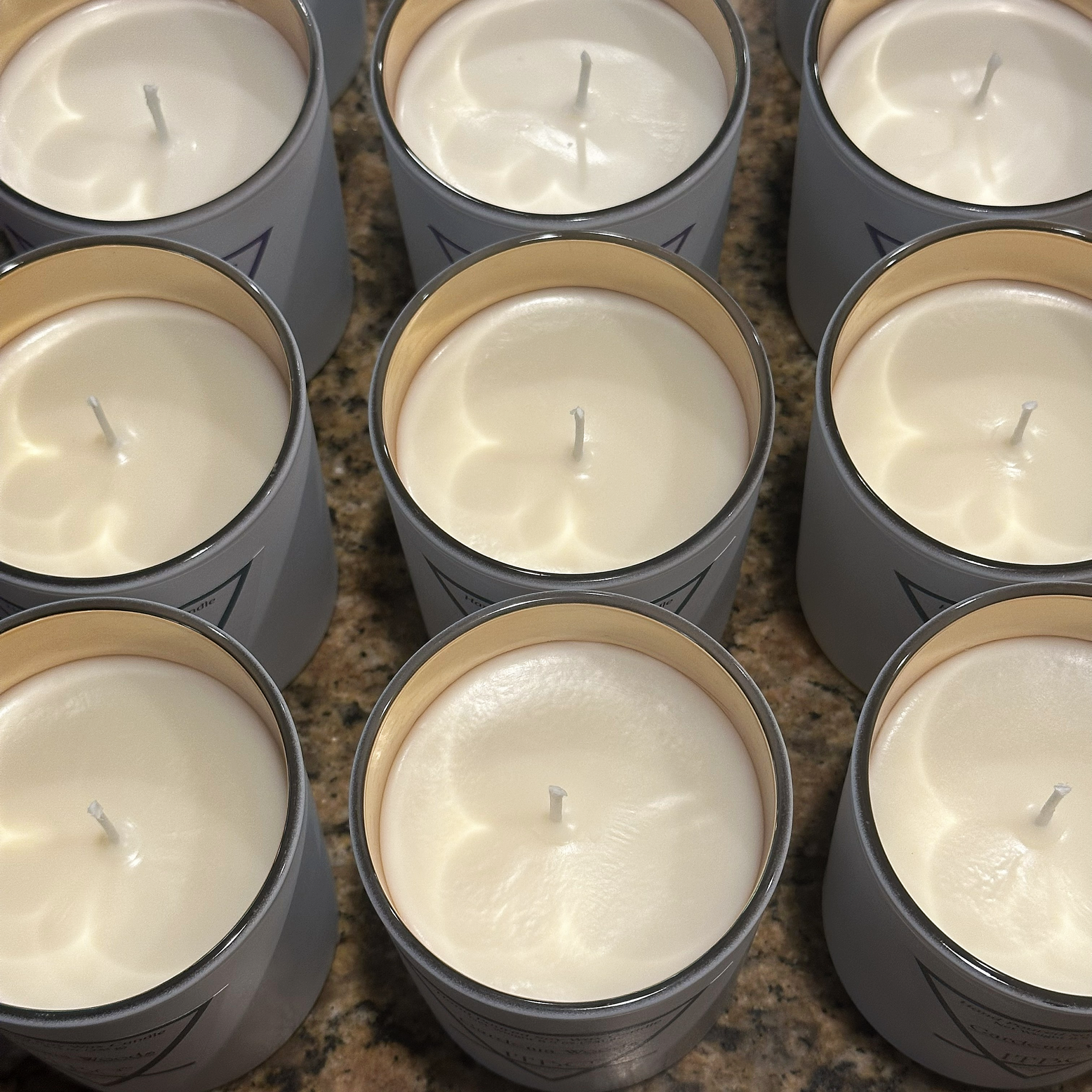 8.5 ounce hand poured soy wax cotton wick jar candles hand-made by ITBC™ in Mill Creek, WA. The jar is white glass outside with gold inside